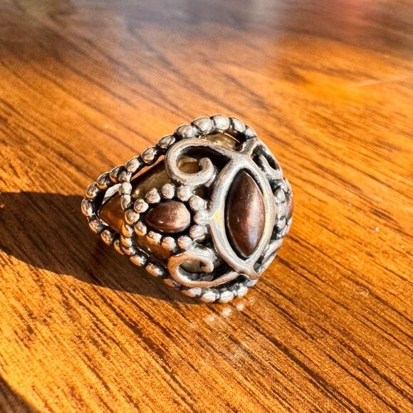 Vintage Carolyn Pollack Sterling Silver Brass Copper Open Work Ring Size 8.5 - Picture 3 of 16